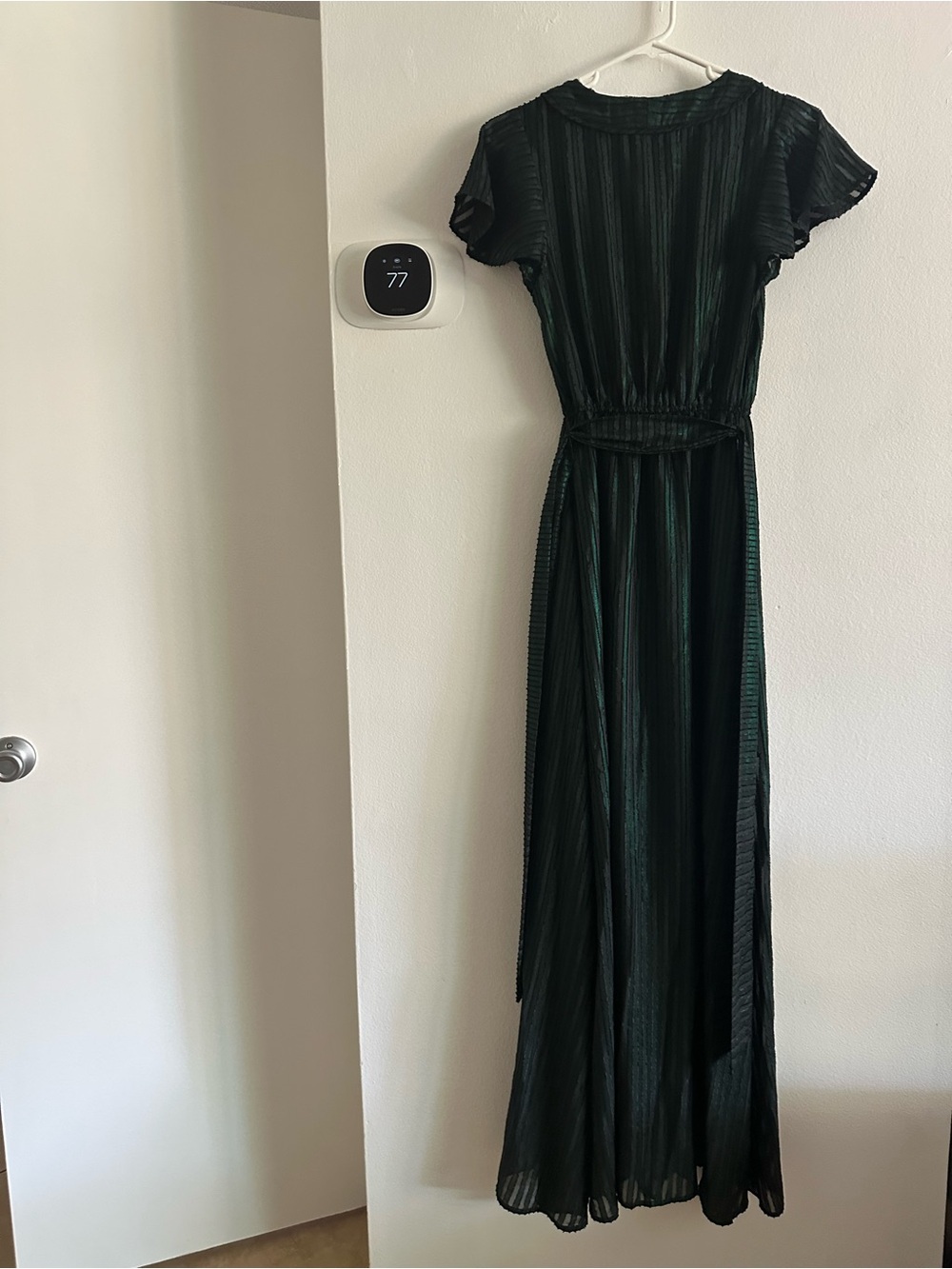 ModCloth Forest Green Pleated Maxi Dress V neck with Tie Waist women XS